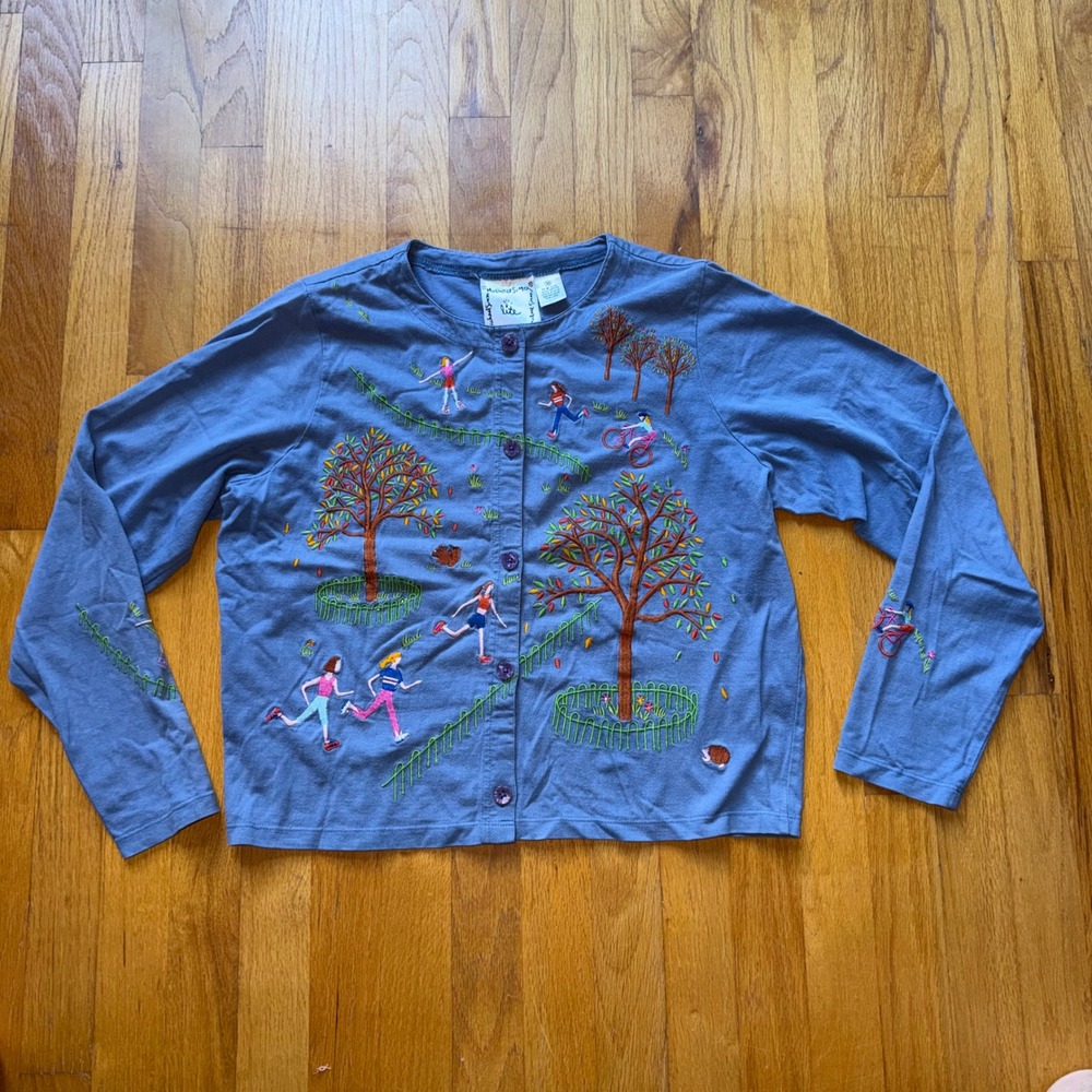 Michael Simon Blue Embroidered Cotton Button Down Top M Fall Teacher Cottagecore